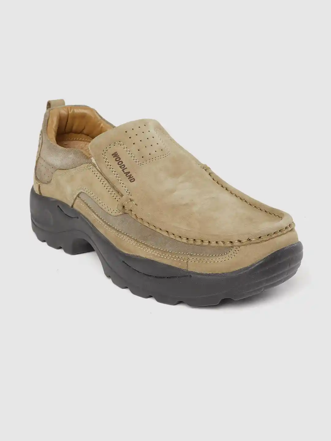 Buy Woodland Men Khaki Solid Leather Slip-Ons with Perforated