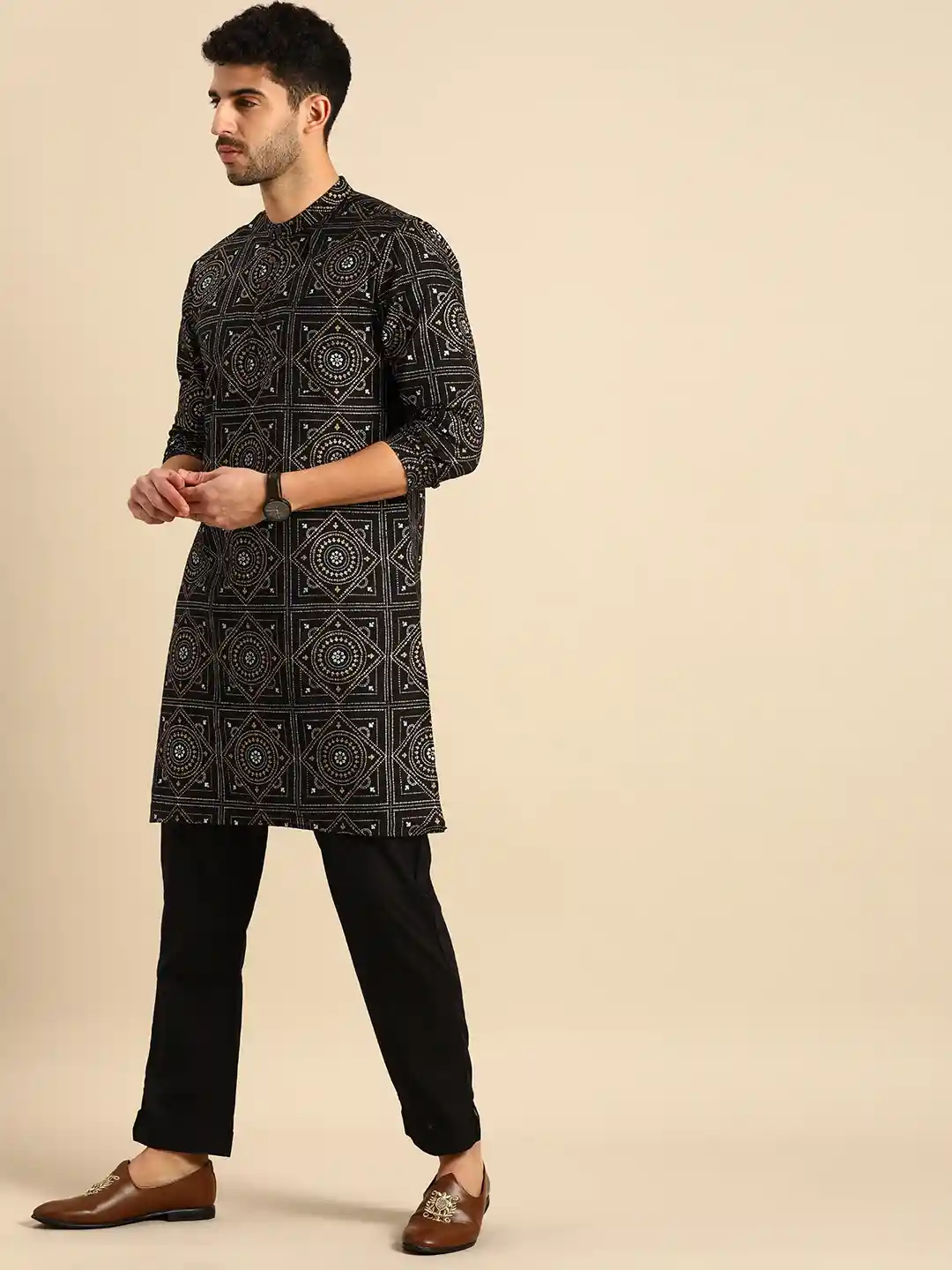 Buy Anouk Men Black Printed Regular Pure Cotton Kurta with Pyjamas