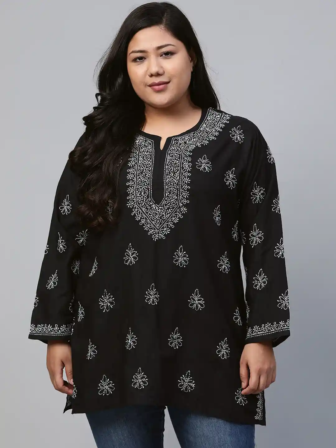 Buy ADA Women Plus Size Black Chikankari Embroidered Pure Cotton