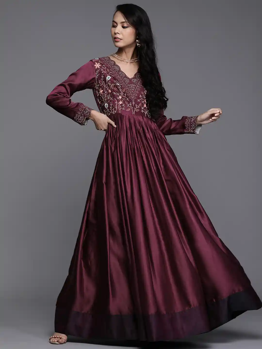 Inddus Burgundy Ethnic Motifs Embroidered Yoke Satin Ethnic Maxi Dress