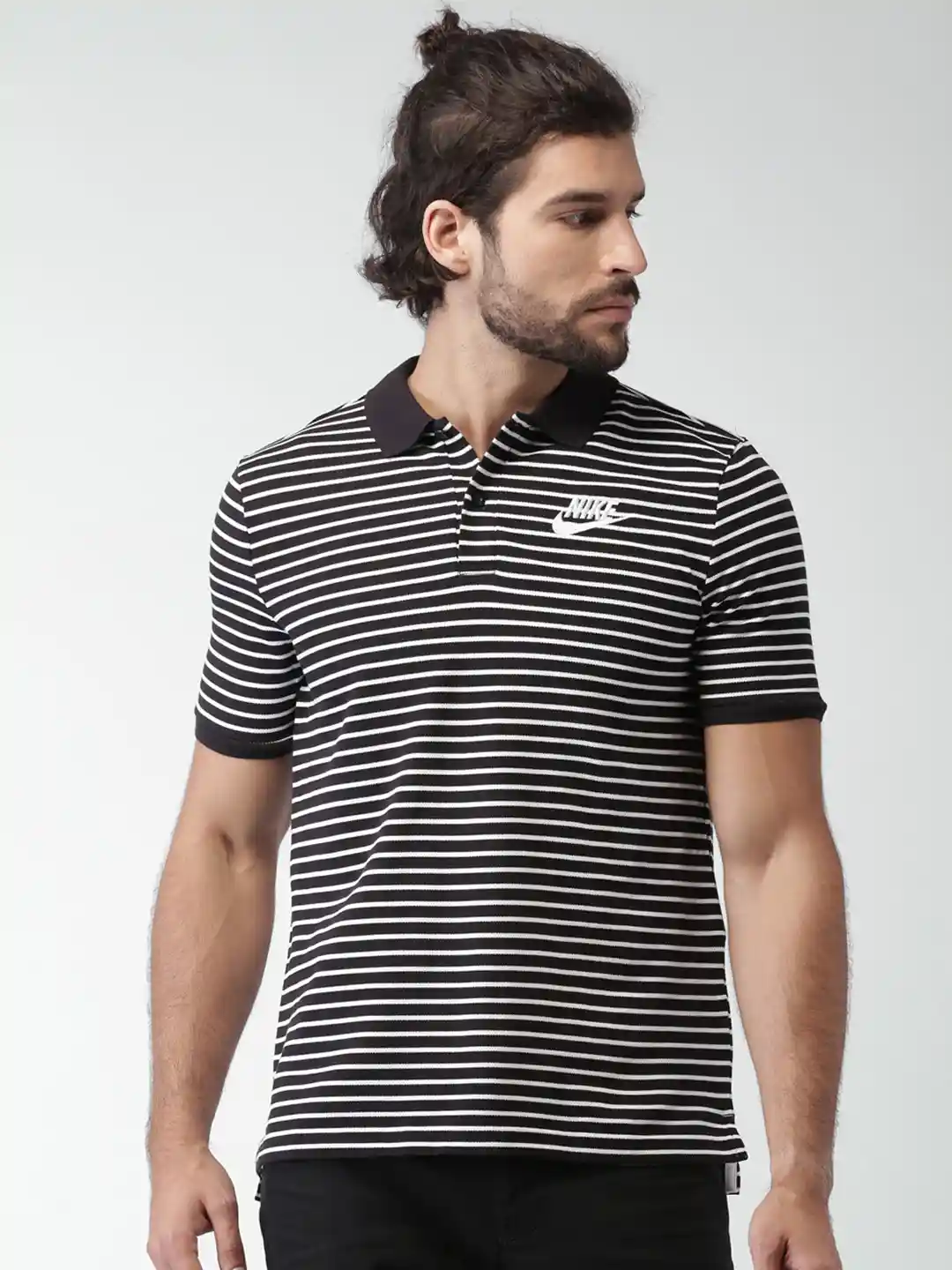 Buy Nike Black White Striped Polo Pure Cotton T-shirt Tshirts