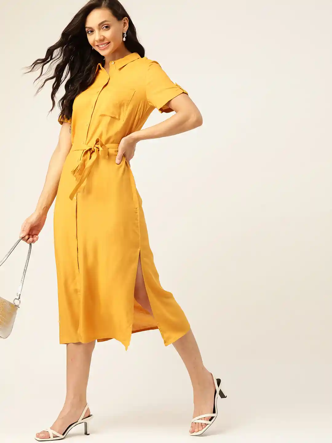 Buy DressBerry Mustard Yellow Shirt Midi Dress Belt Dresses