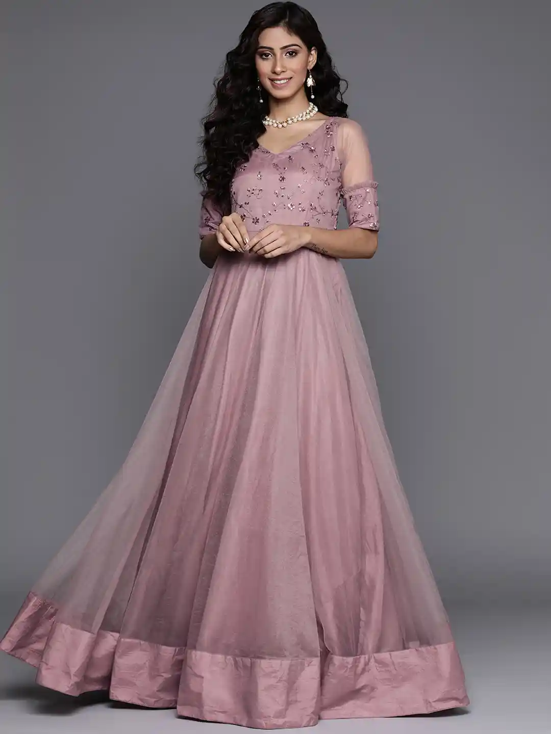 Buy Inddus Mauve Ethnic Motifs Sequins Embroidered Sheer Gown