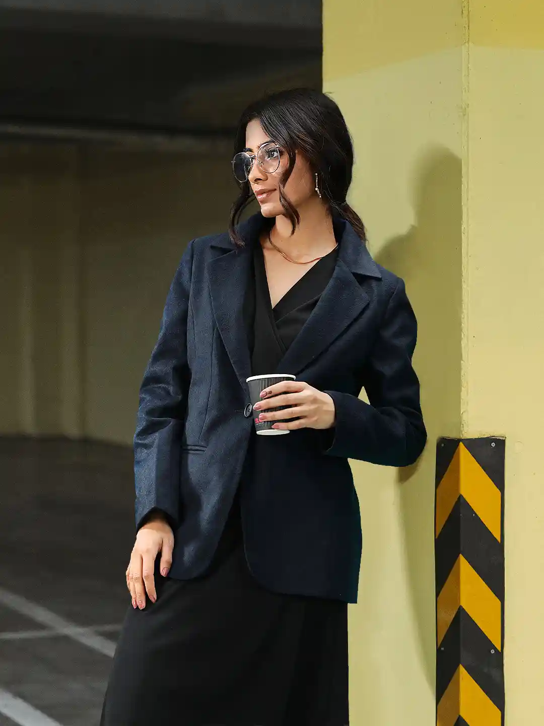 all about you Women Navy Blue Solid Single-Breasted Blazer