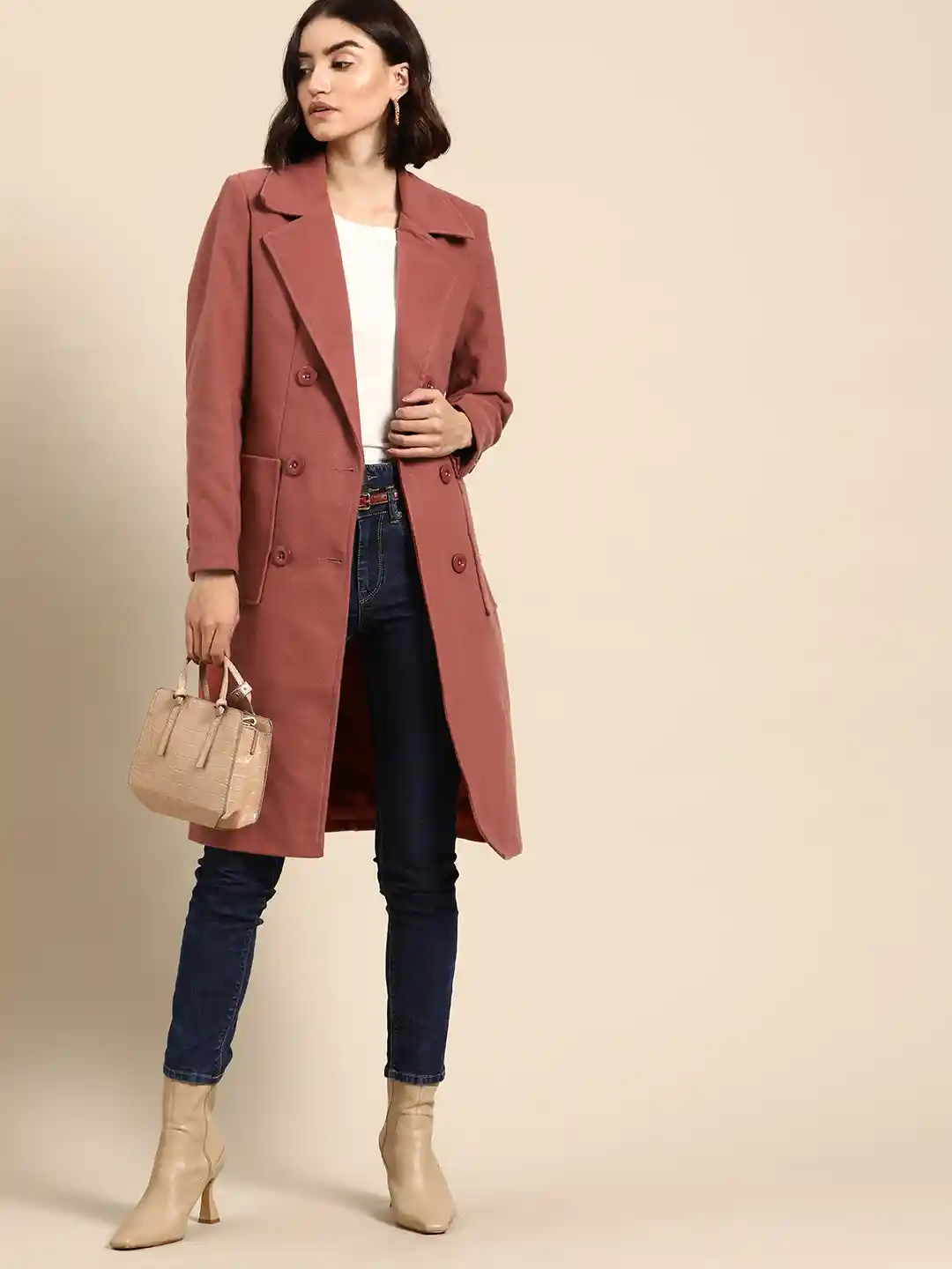 Buy all about you Women Dusty Pink Solid Single Breasted Overcoat