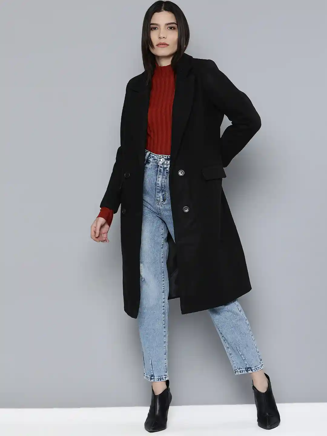 Buy Chemistry Women Black Solid Longline Overcoat Coats for