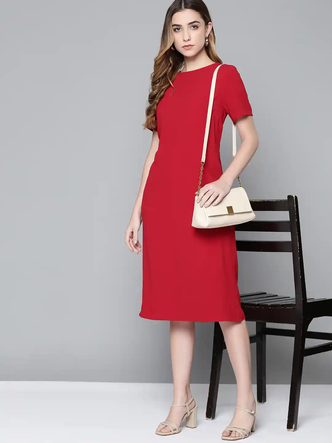 Buy Chemistry Red Solid Shift Midi Dress Dresses for Women