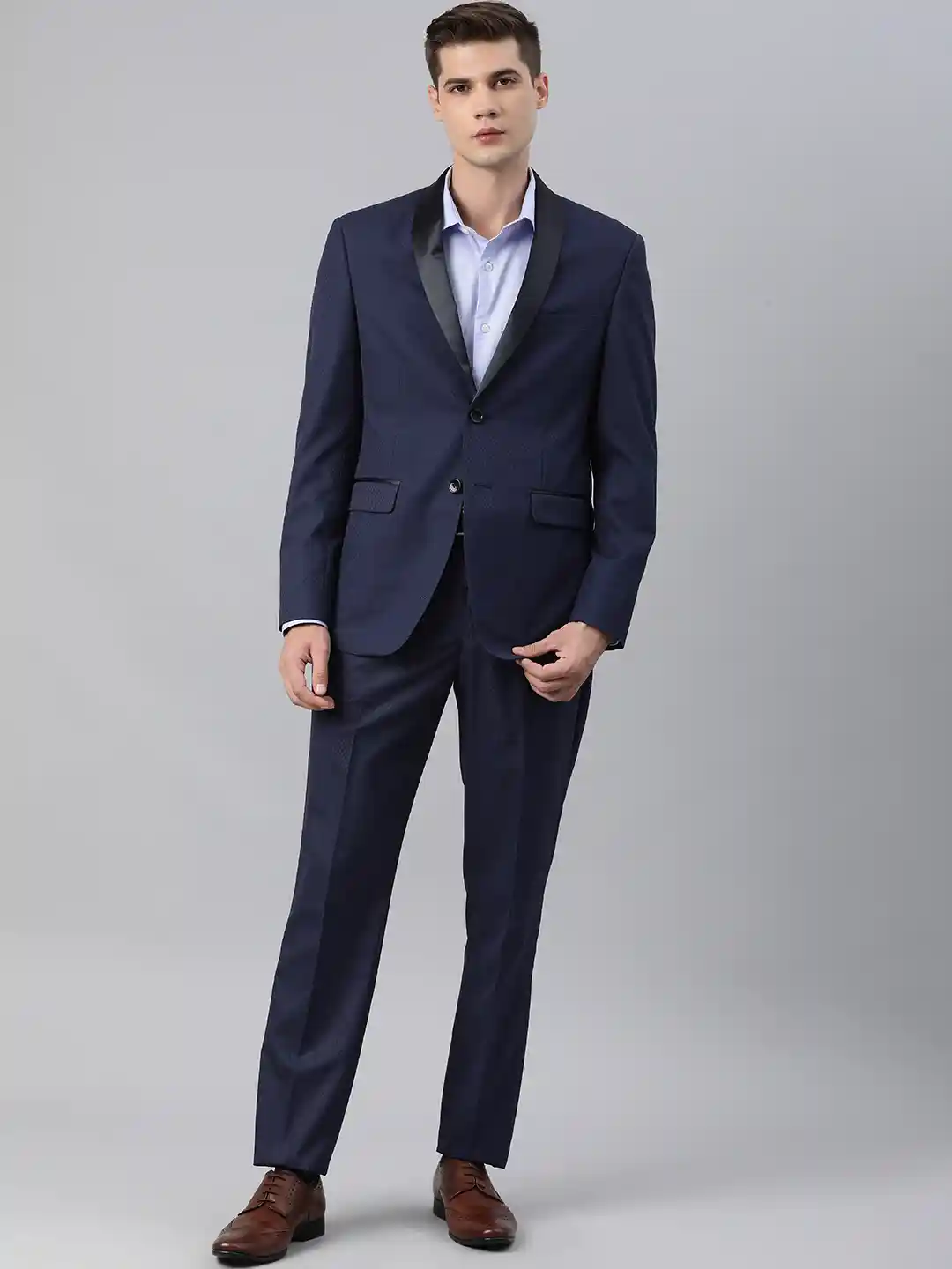 Louis Philippe Men Navy Blue Self Design Slim Fit Piece Tuxedo Suit