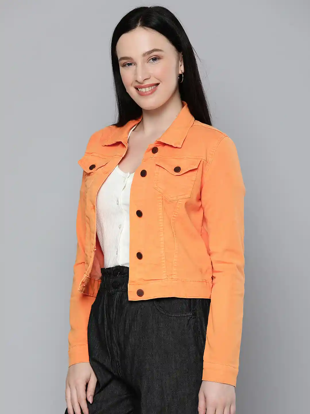Buy HERE&NOW Women Orange Solid Denim Jacket Jackets for Women