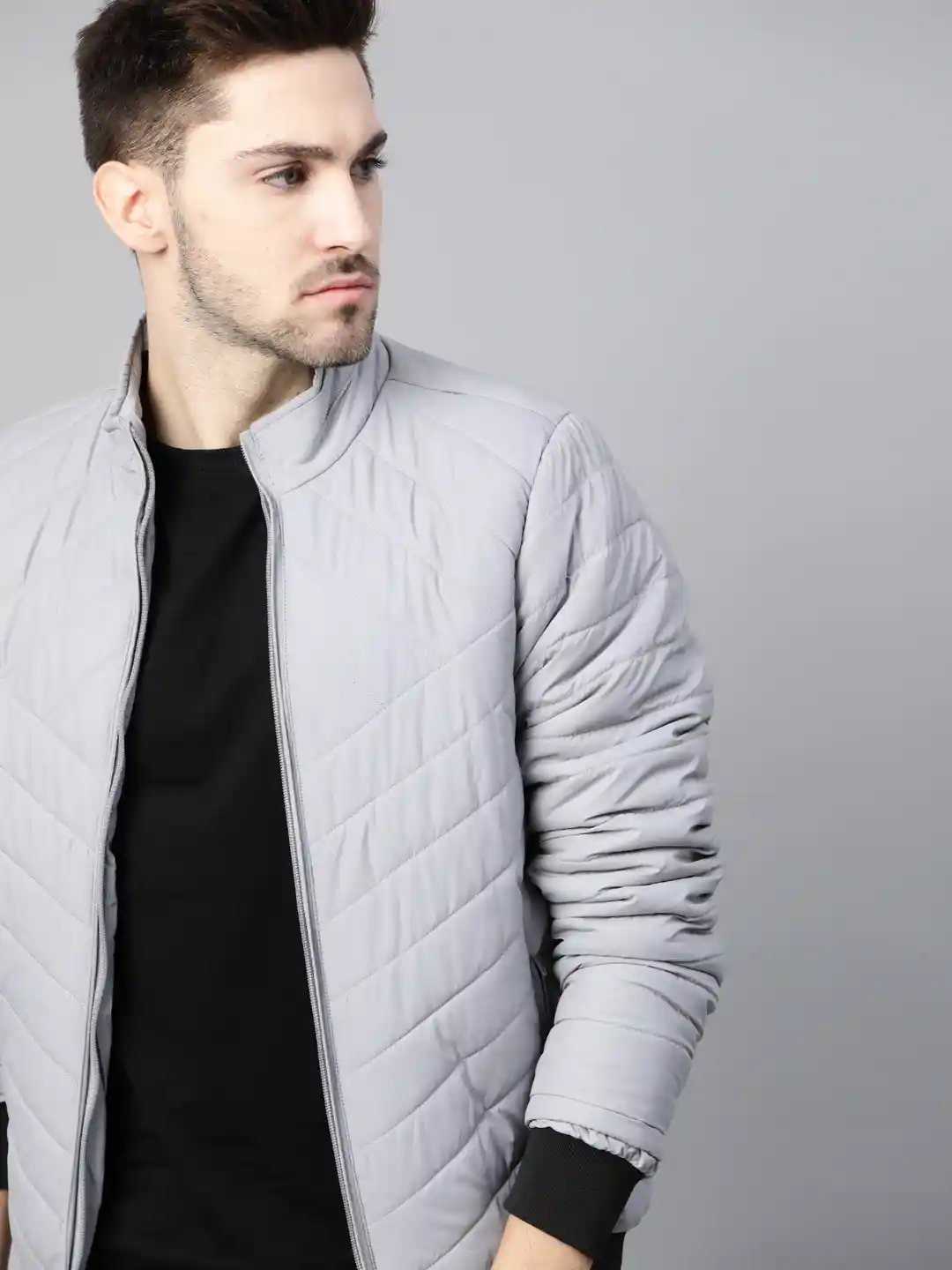 Roadster Men Grey Solid Bomber Jacket - Main Image