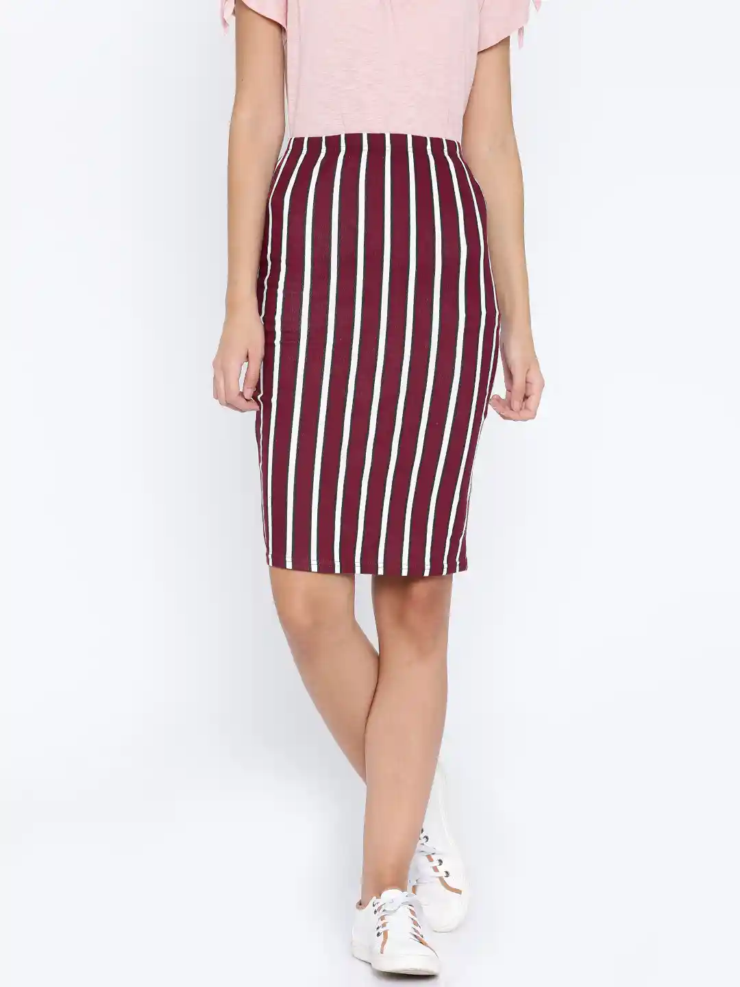 Buy ONLY Maroon White Striped Pencil Skirt Skirts for Women