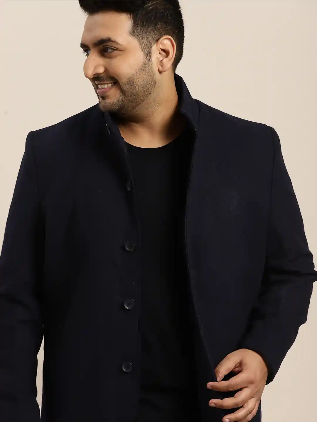 Buy Sztori Plus Size Men Navy Blue Solid Longline Overcoat Coats