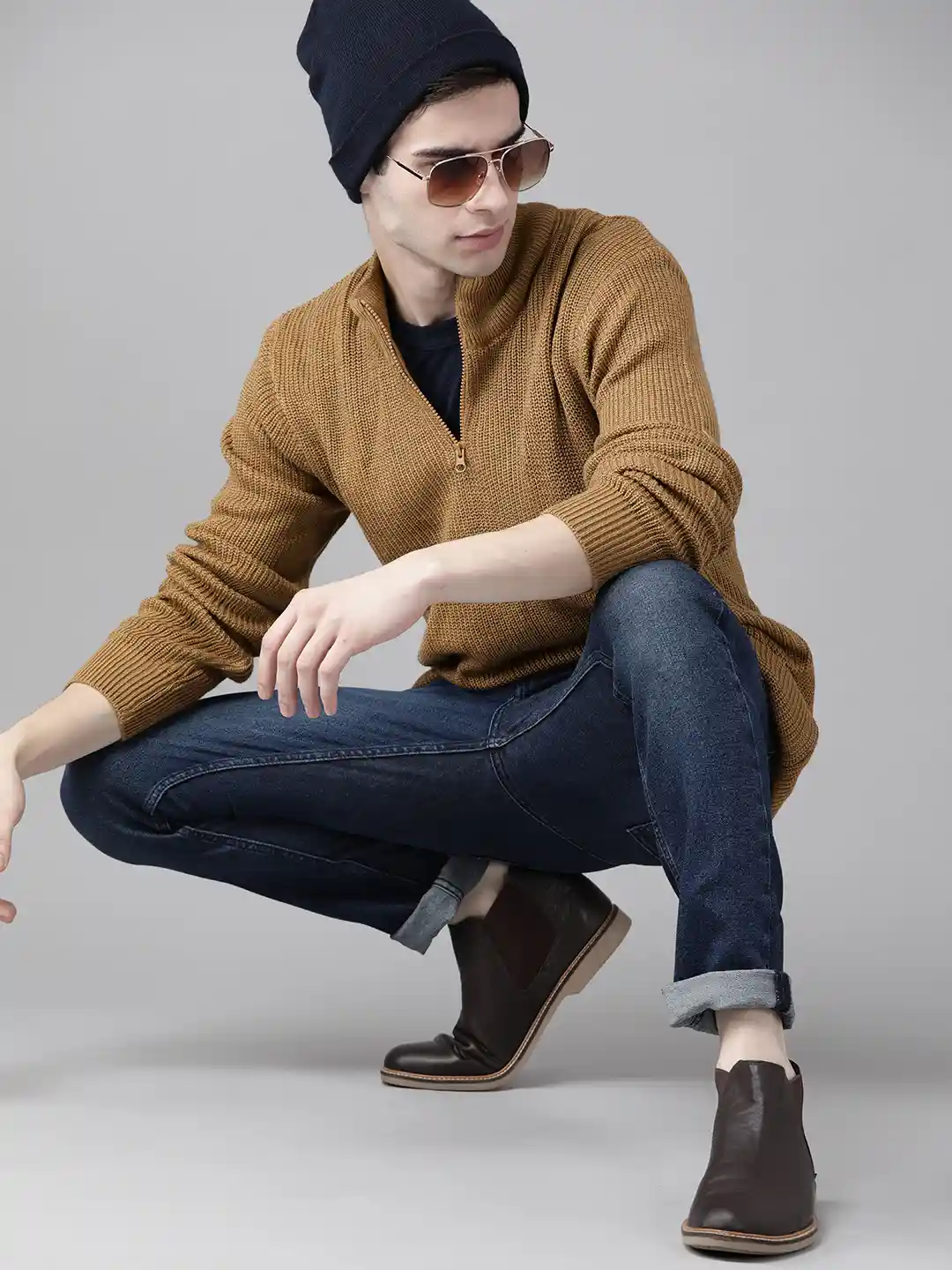 Roadster Men Brown Solid Half Zipper Pullover