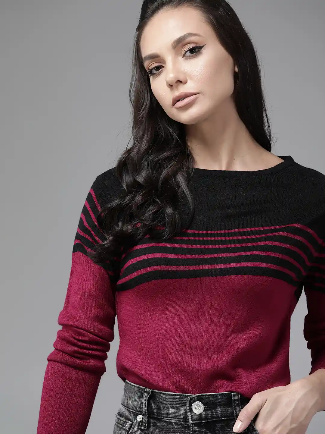 Buy Roadster Women Burgundy Black Striped Pullover Sweater