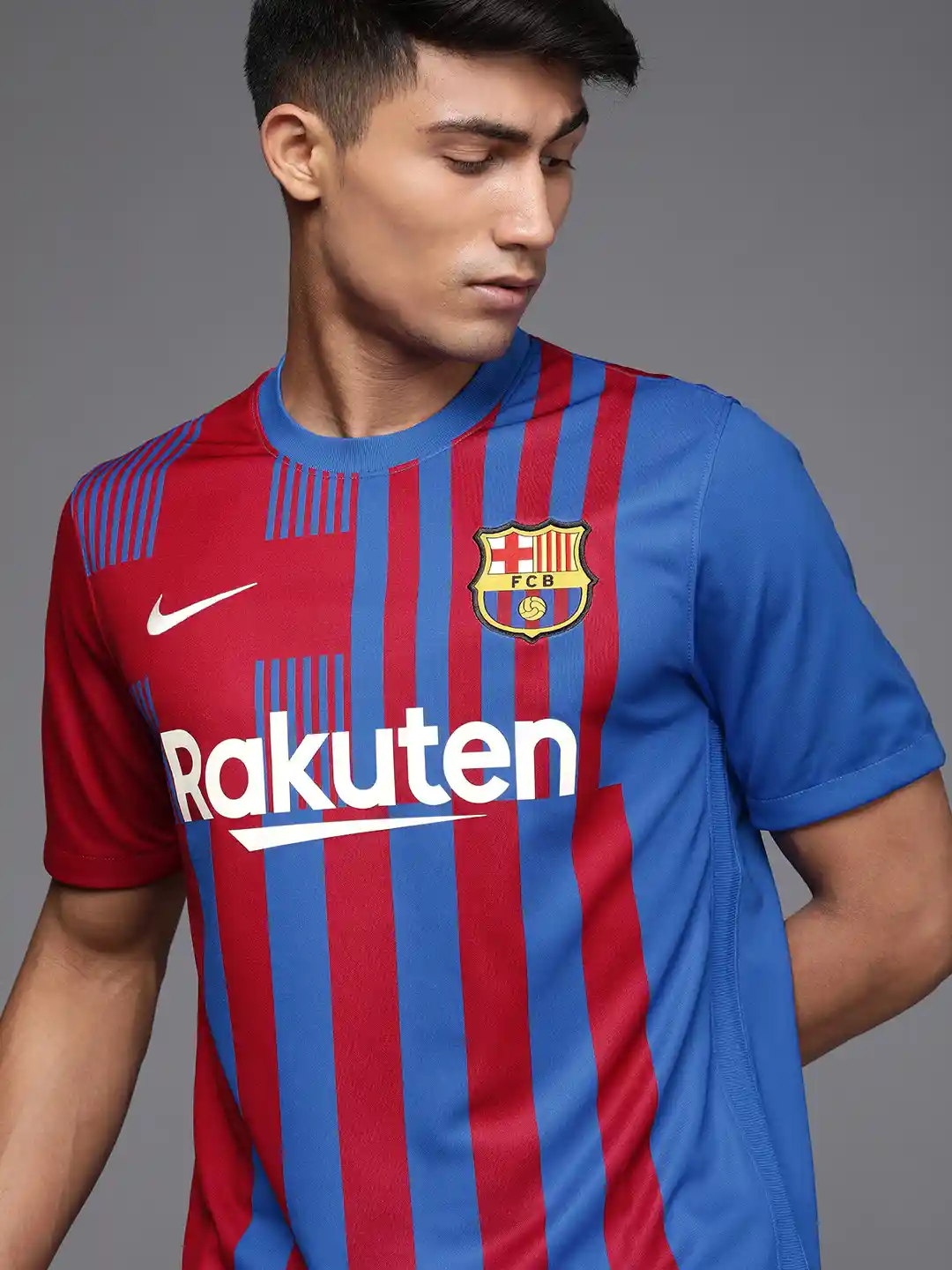 Buy Nike Men Blue & Red Striped FC BARCELONA Football T