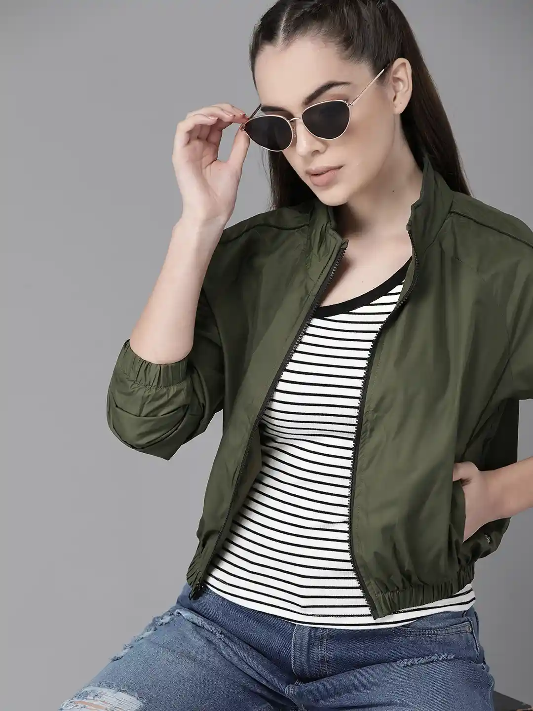 Buy Roadster Women Olive Green Solid Windcheater Bomber Jacket