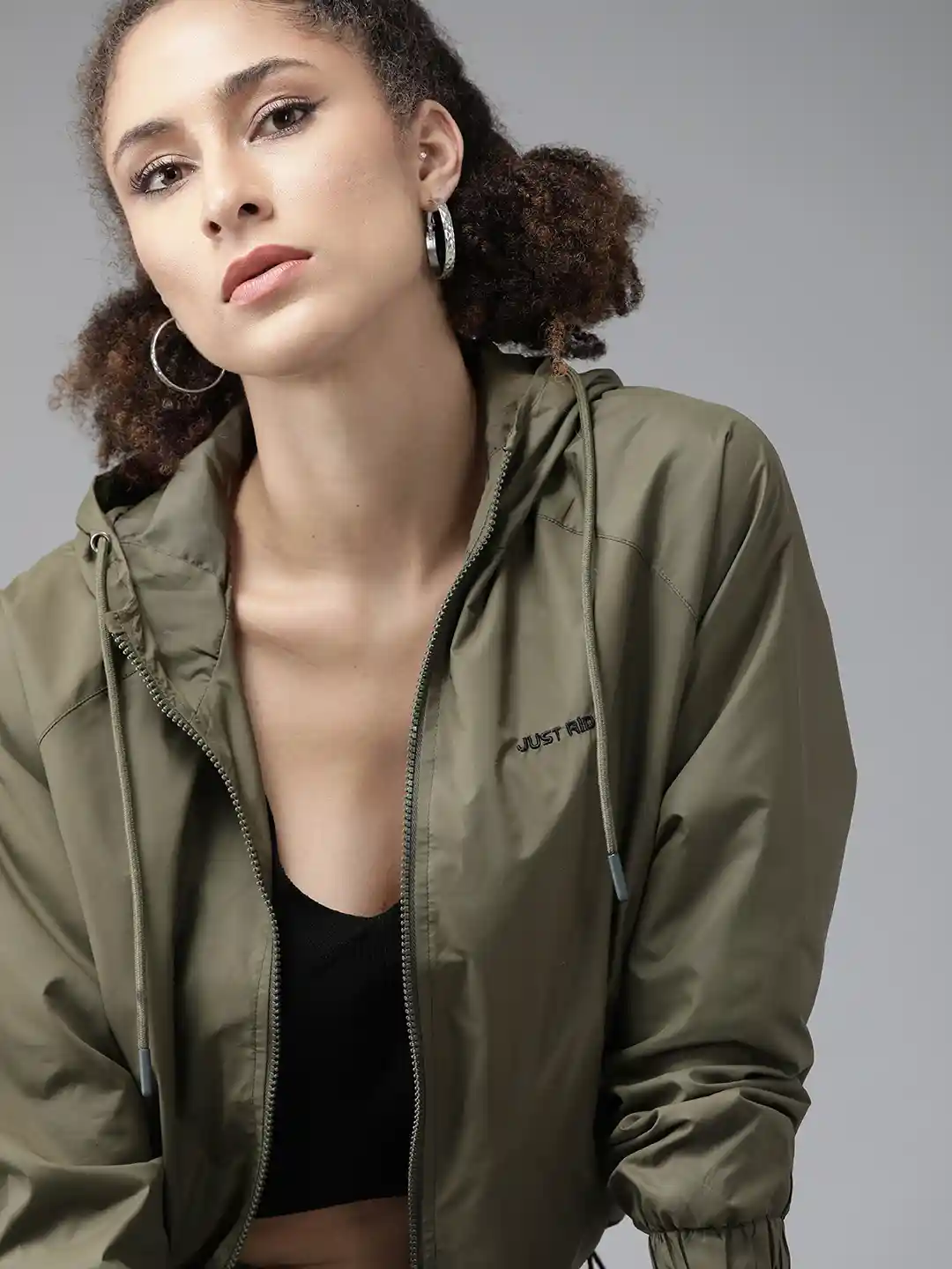 Buy Roadster Women Olive Green Windcheater Hooded Bomber Jacket