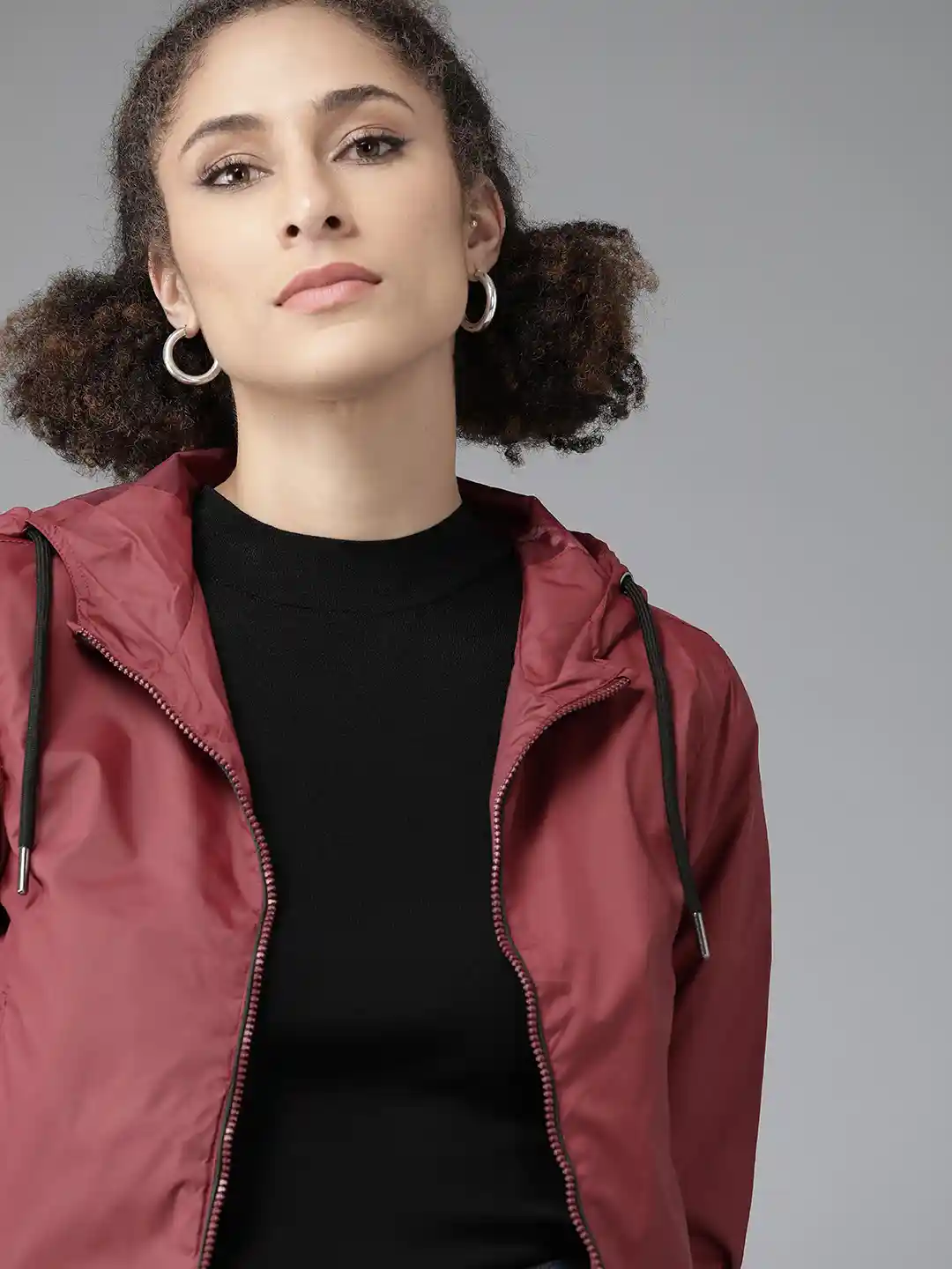 Buy Roadster Women Maroon Windcheater Hooded Bomber Jacket