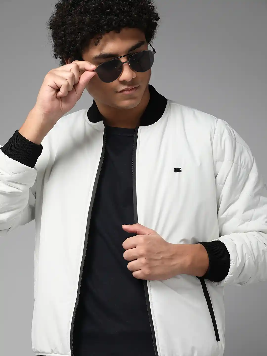 The Roadster Lifestyle Men White Solid Stand Collar Bomber Jacket