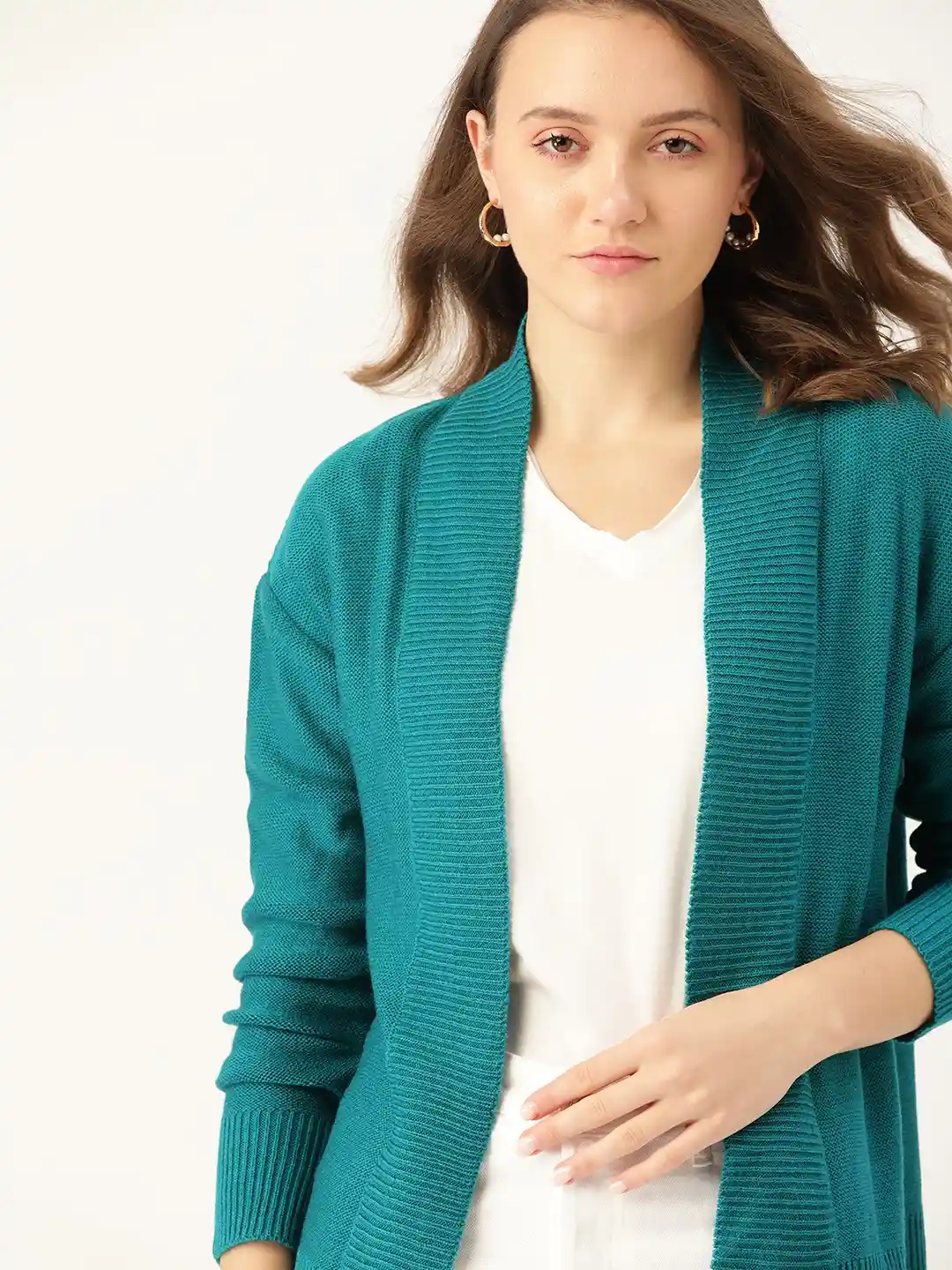 DressBerry Women Teal Green Solid Front-Open Sweater