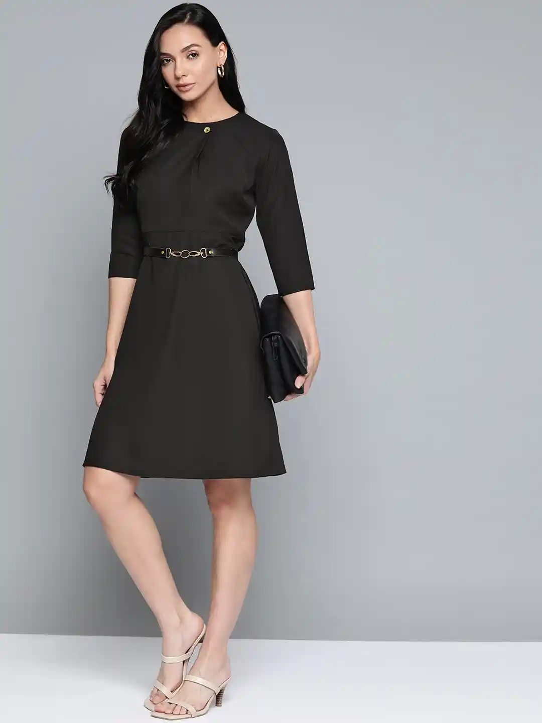 Buy Chemistry Black Solid A-Line Dress with Belt Dresses for