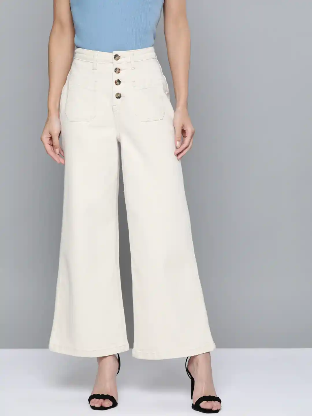 Buy Chemistry Women Off White Wide Leg High-Rise Stretchable Jeans