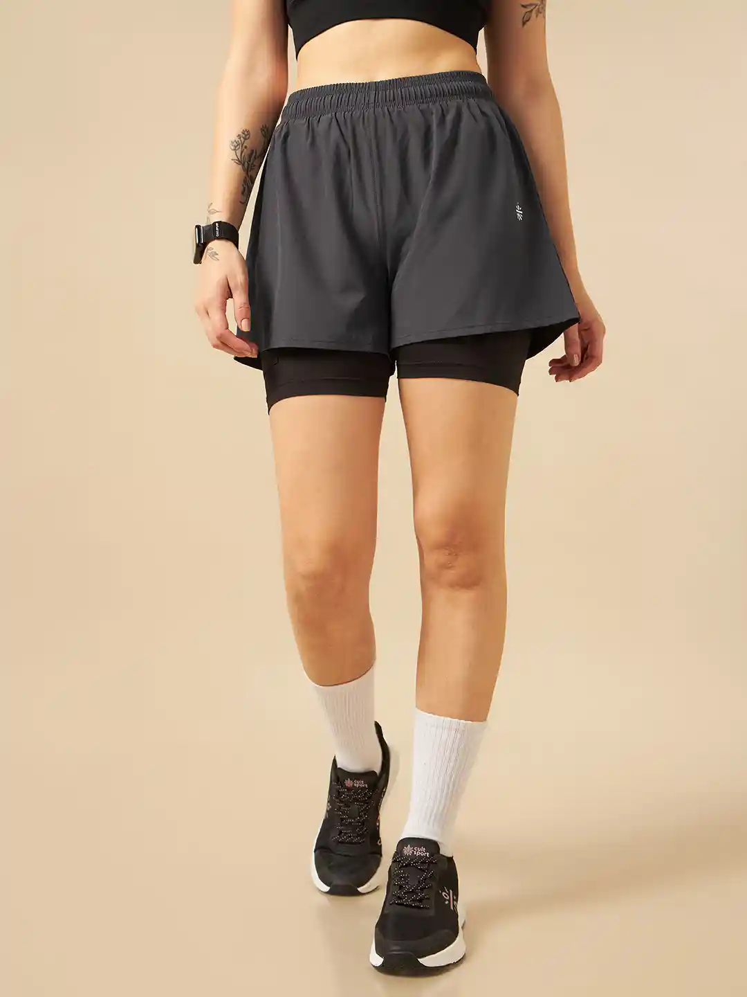 Buy CULT Women Grey Mid-Rise Workout Shorts with Inner Tights
