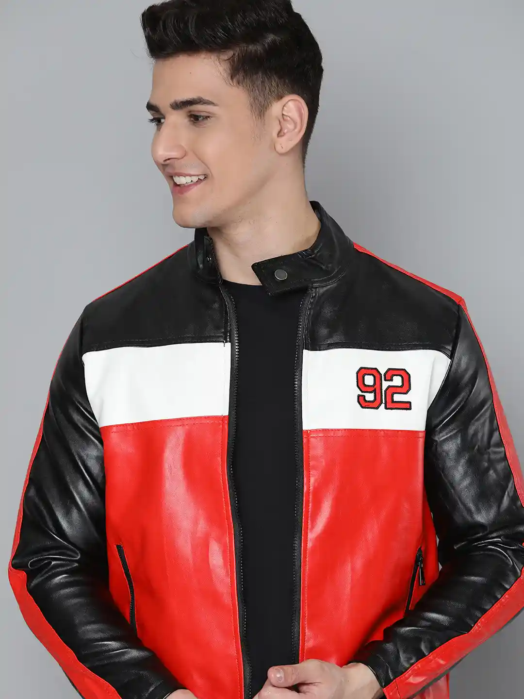 Buy HERE&NOW Men Red Black Colourblocked Biker Jacket Jackets