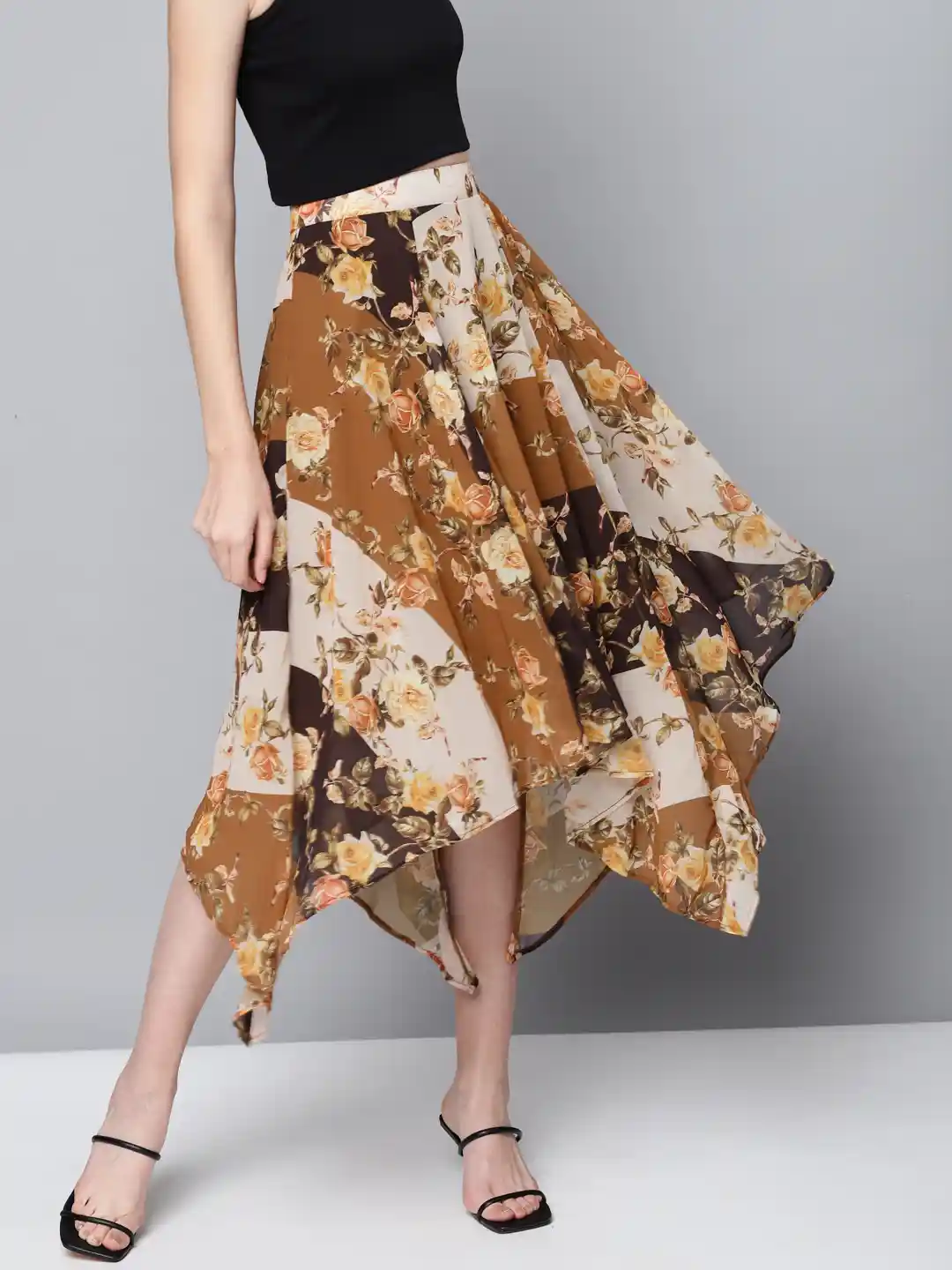 Buy SASSAFRAS Mustard Brown Floral Print A-Line Skirt - Skirts for