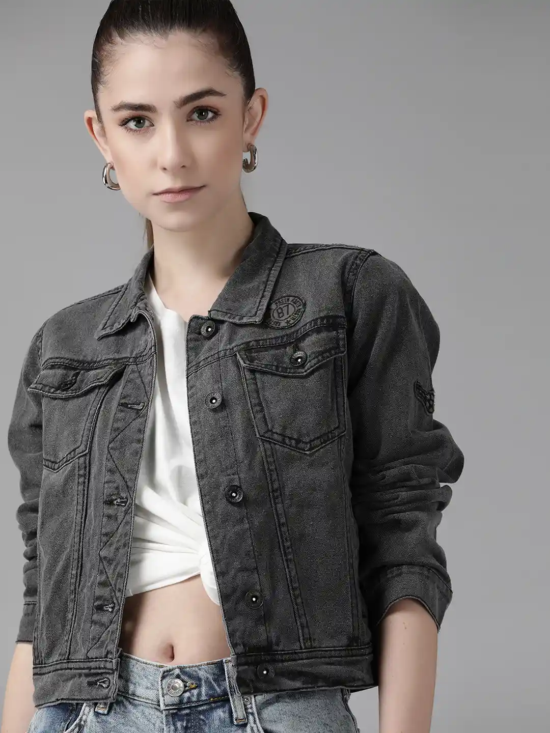 Buy Roadster Women Charcoal Solid Pure Cotton Denim Jacket
