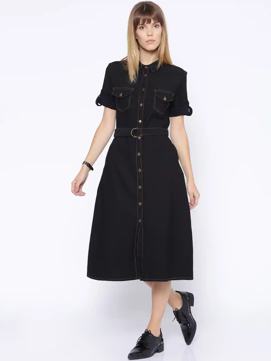 Buy Tokyo Talkies Black Denim Shirt Style Midi Dress Dresses for