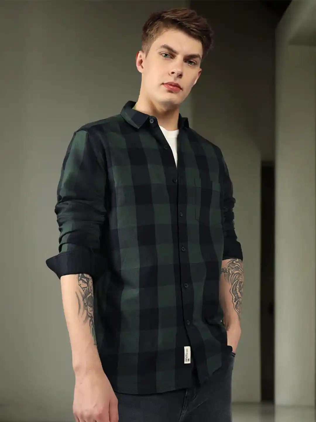 Buy Dennis Lingo Men Olive Green Black Comfort Slim Fit Buffalo