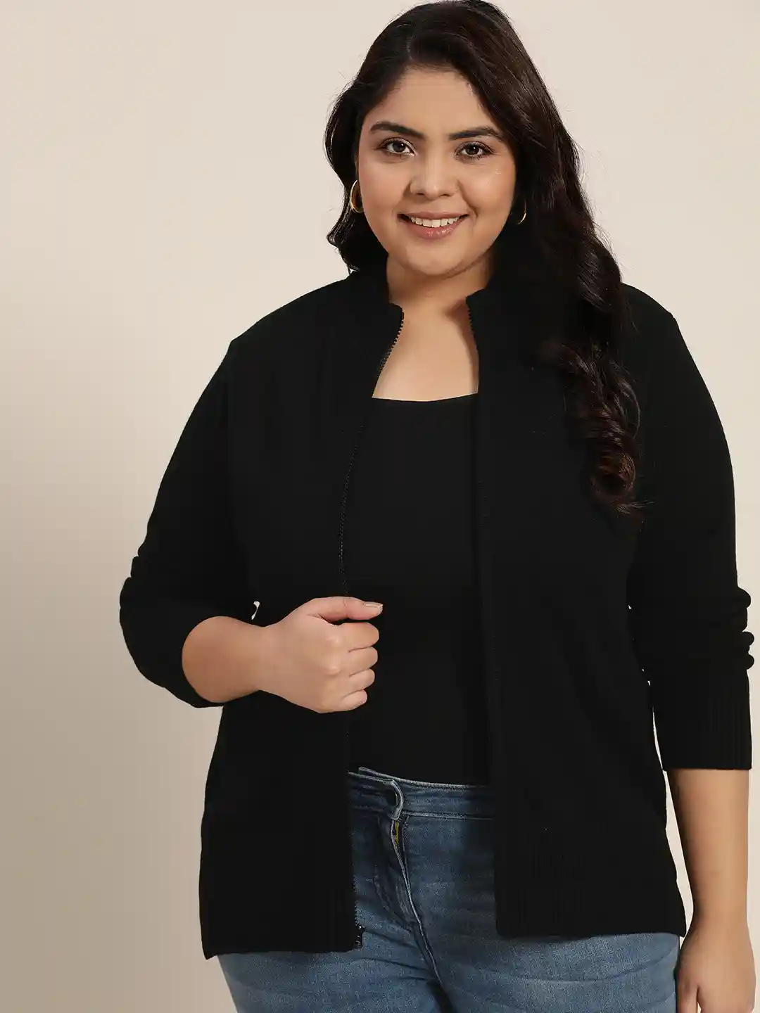 Buy Sztori Women Plus Size Black Solid Zipper Cardigan Sweaters