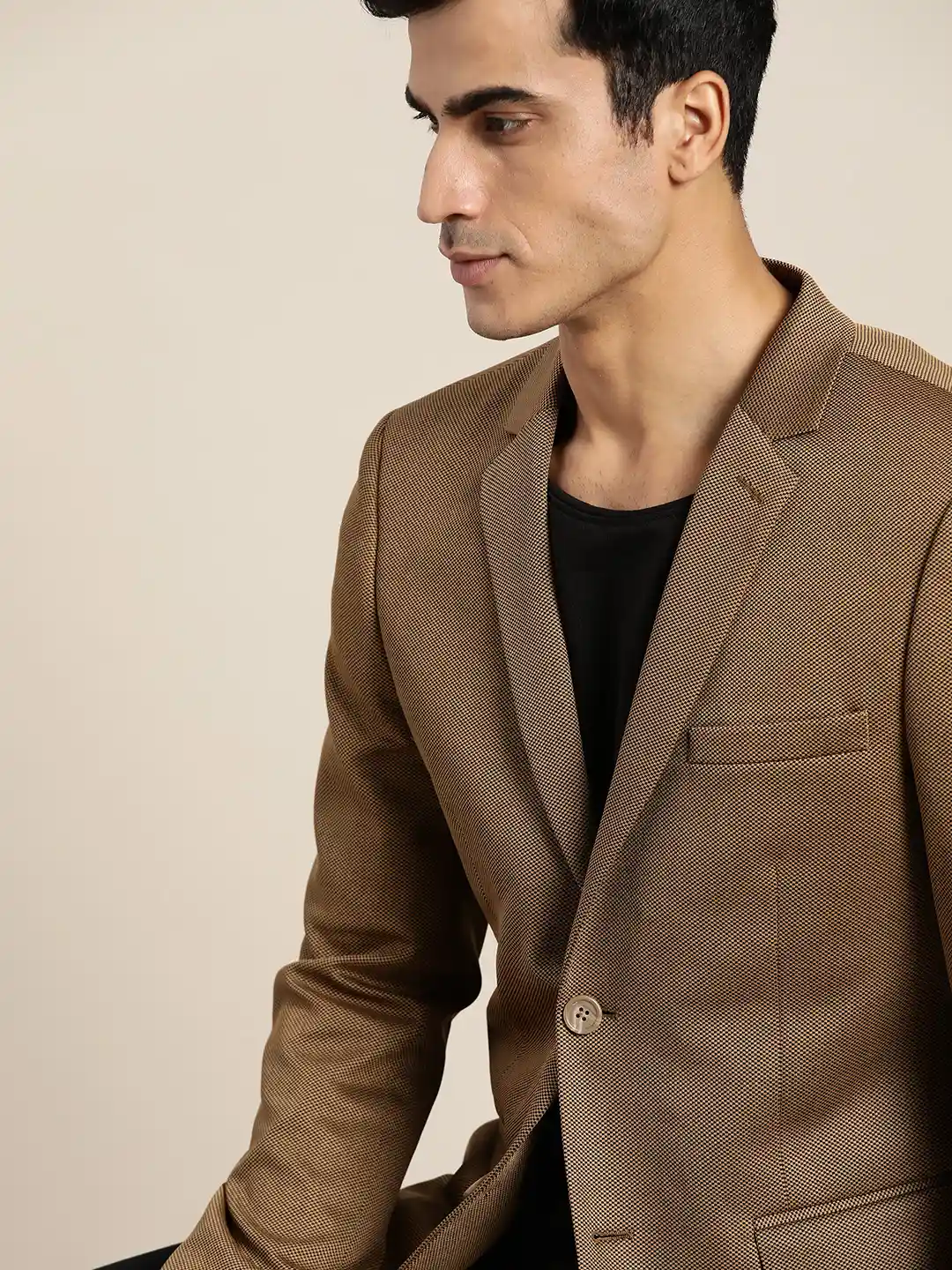 INVICTUS Men Brown Black Self Designed Slim Fit Casual Blazer