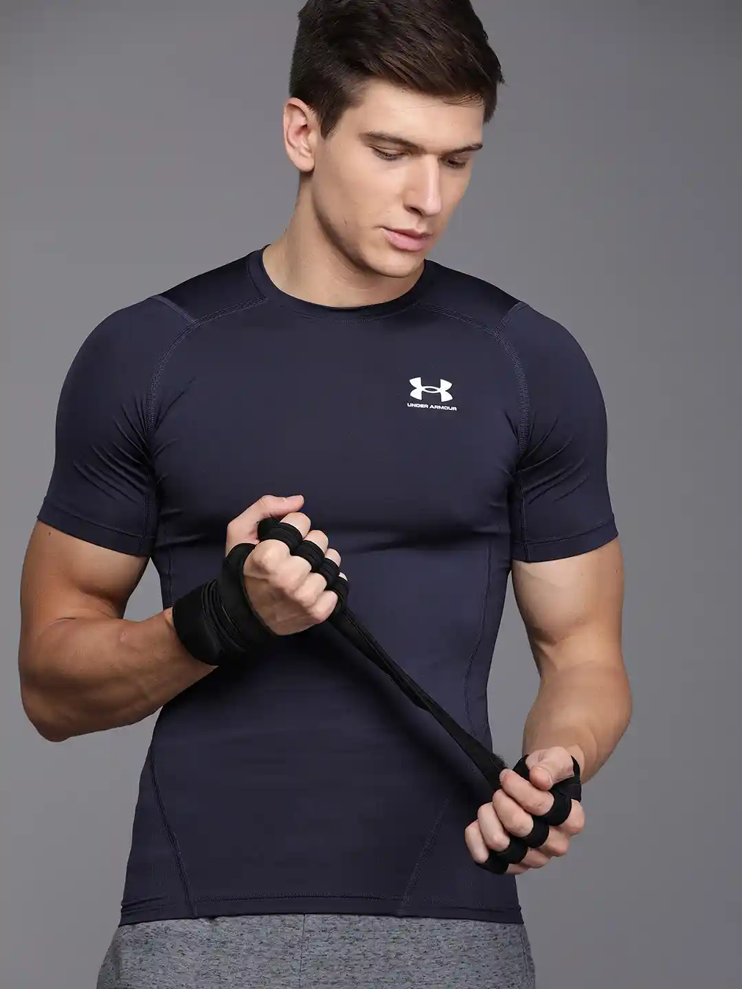 UNDER ARMOUR Men Navy Blue Indigo Anti Odour HeatGear Compression Training  or Gym T-shirt