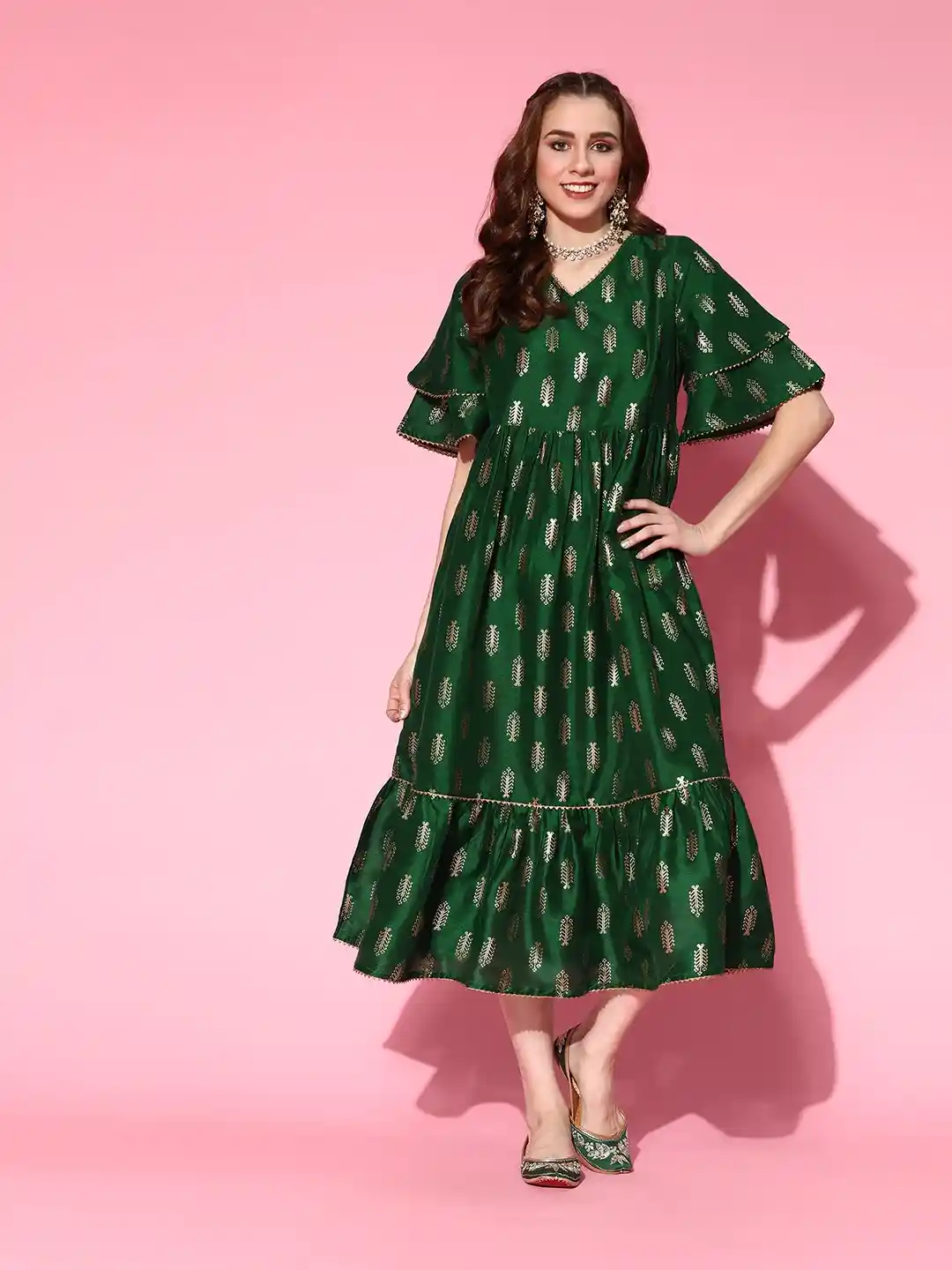 Buy Sangria Green Golden Ethnic Motifs Printed A-Line Midi Dress