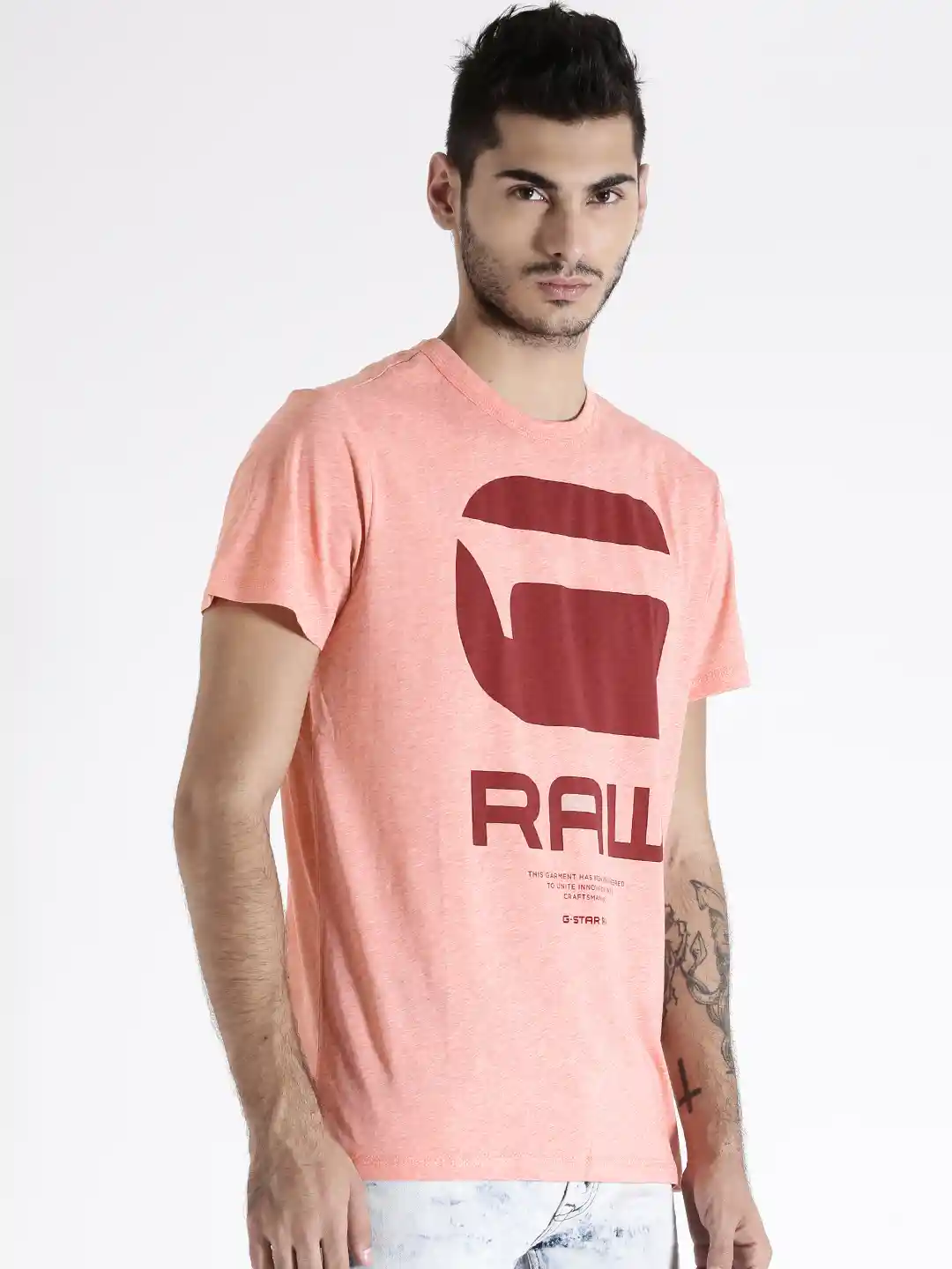 Buy G-STAR RAW Men Coral Pink Printed Round Neck T-shirt Tshirts - Main Image