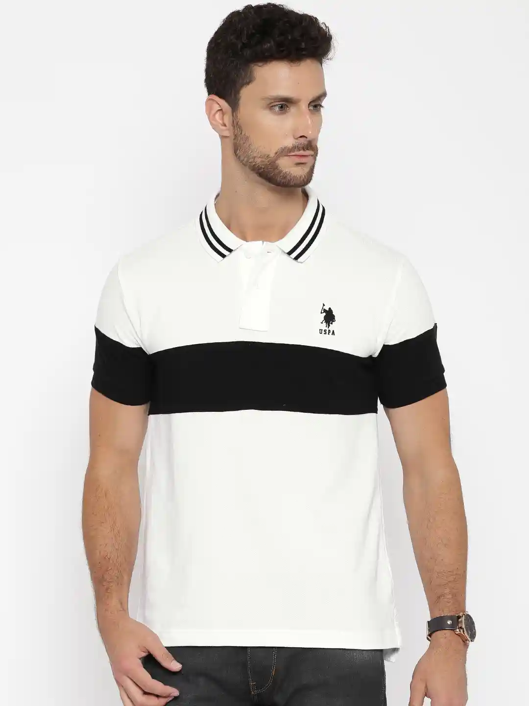 Buy Polo Men Black White Polo T-shirt Tshirts for