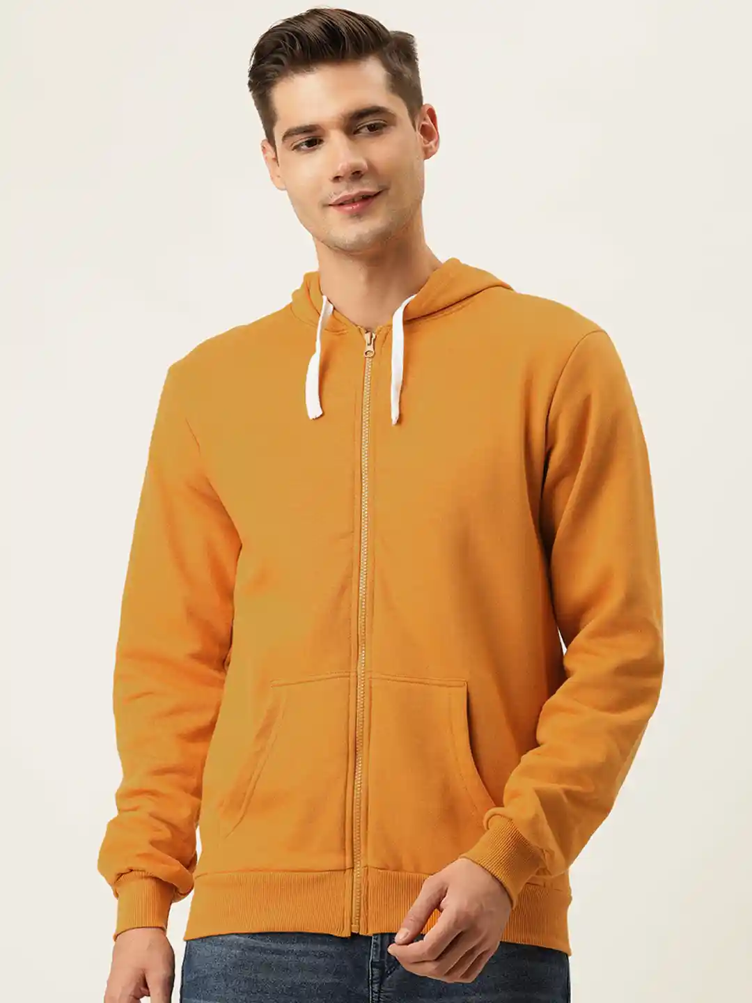 Campus Sutra Men Mustard Yellow Solid Hooded Sweatshirt