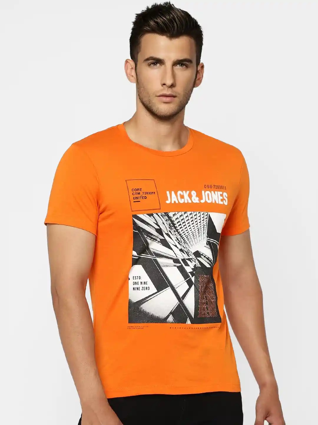 Buy Jack Jones Men Orange Printed Slim Fit Pure Cotton T-shirt
