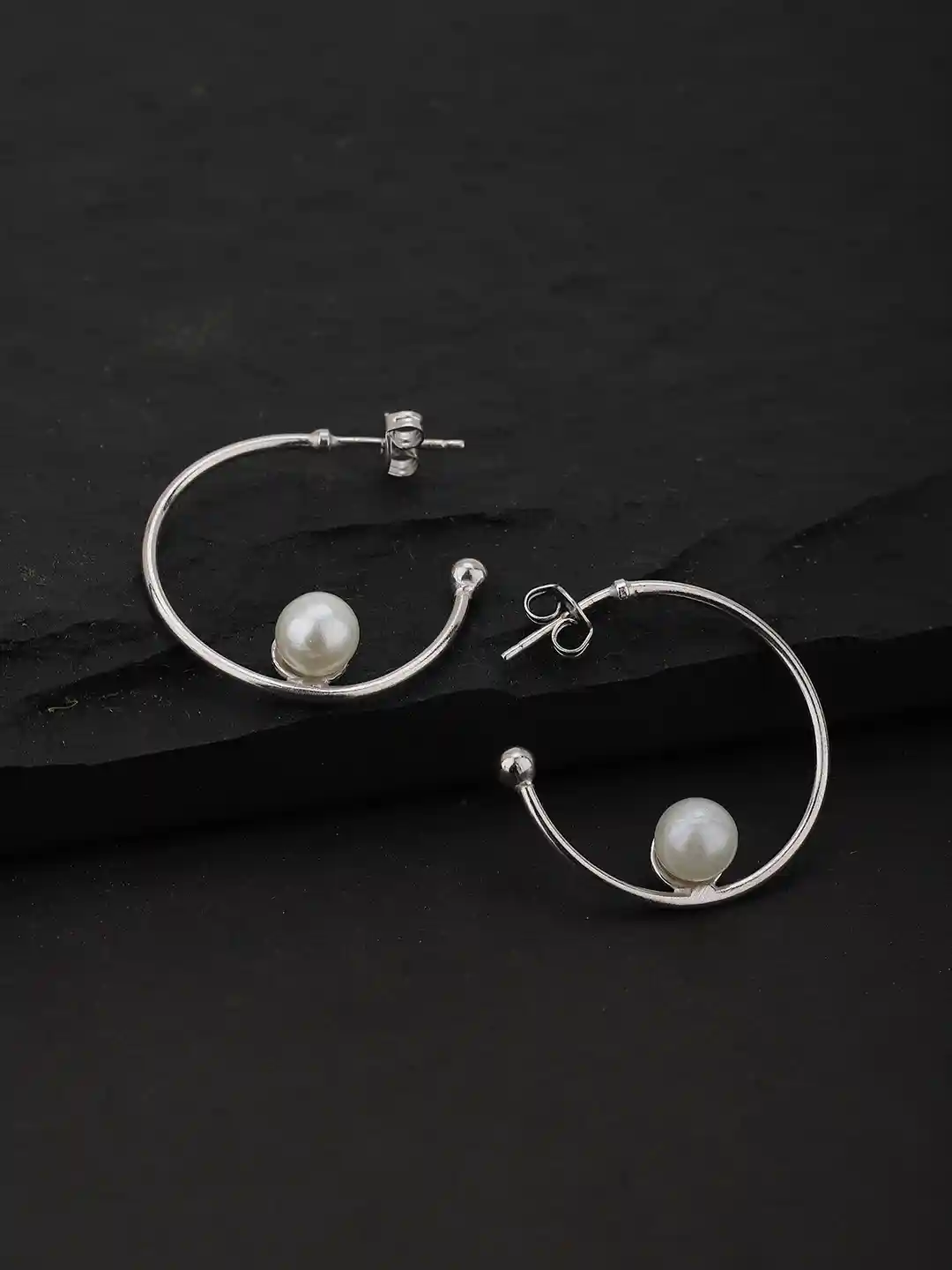 Carlton London Off White Silver-Toned Rhodium-Plated Beaded Half Hoop  Earrings