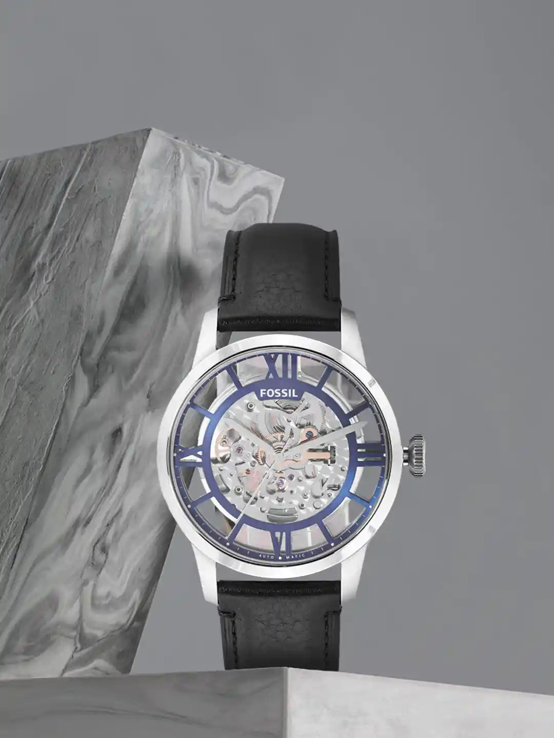 Buy Fossil Townsman Men Silver-Toned Skeleton Dial Leather Strap