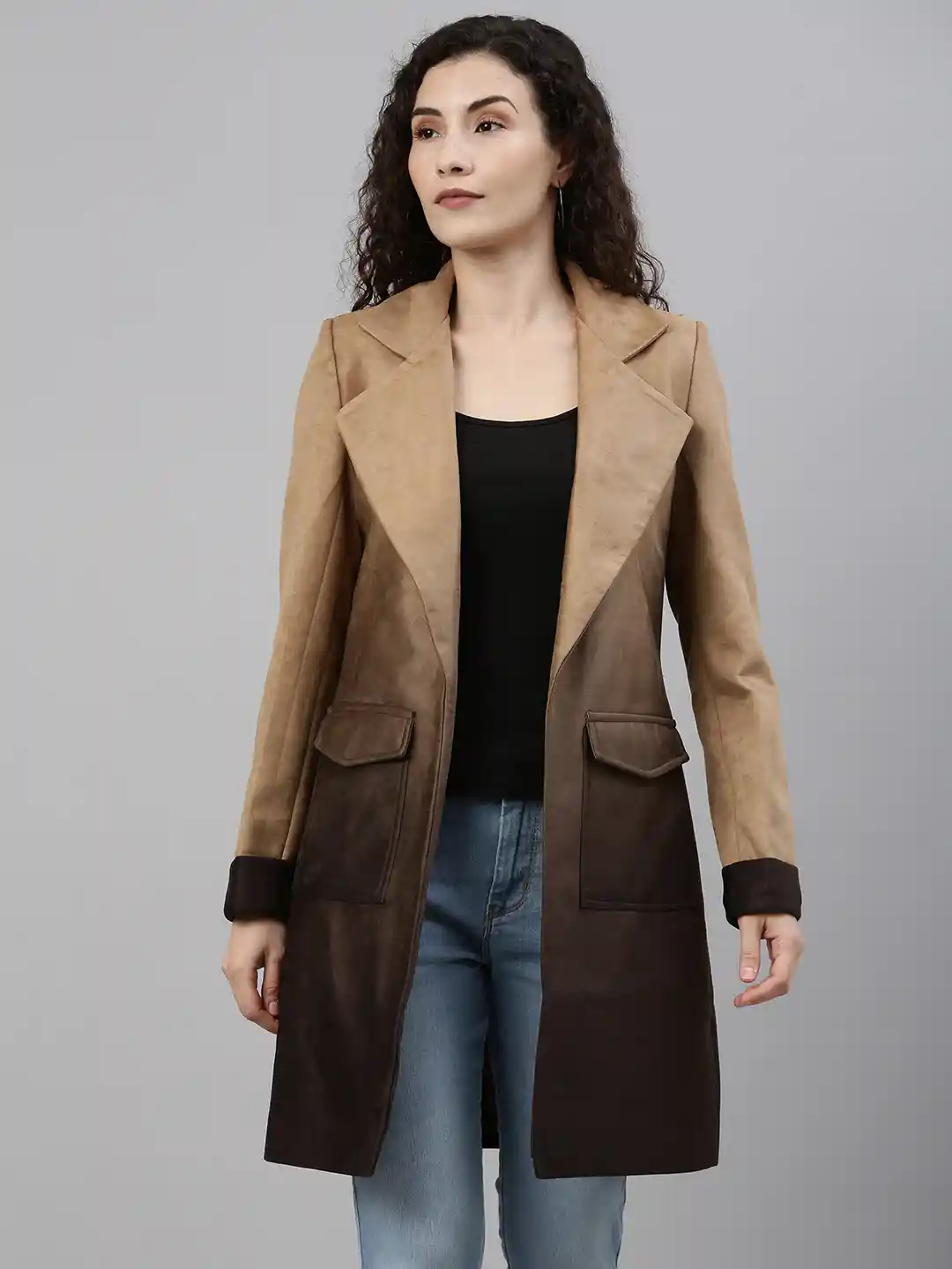 Campus Sutra Women Tan Brown Ombre-Dyed Suede Longline Overcoat