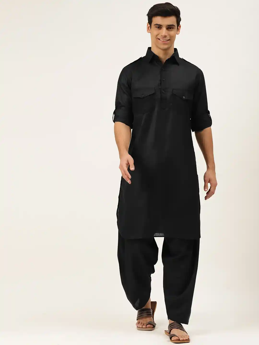 Buy Molly Michel Men Black Solid Pure Cotton Pathani Kurta with