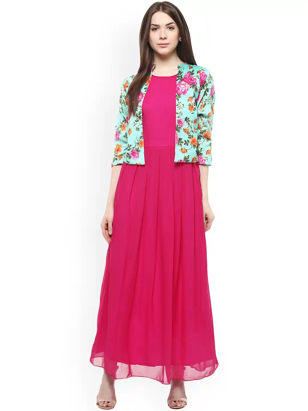 Buy Athena Women Pink Solid Maxi Dress with Attached Jacket