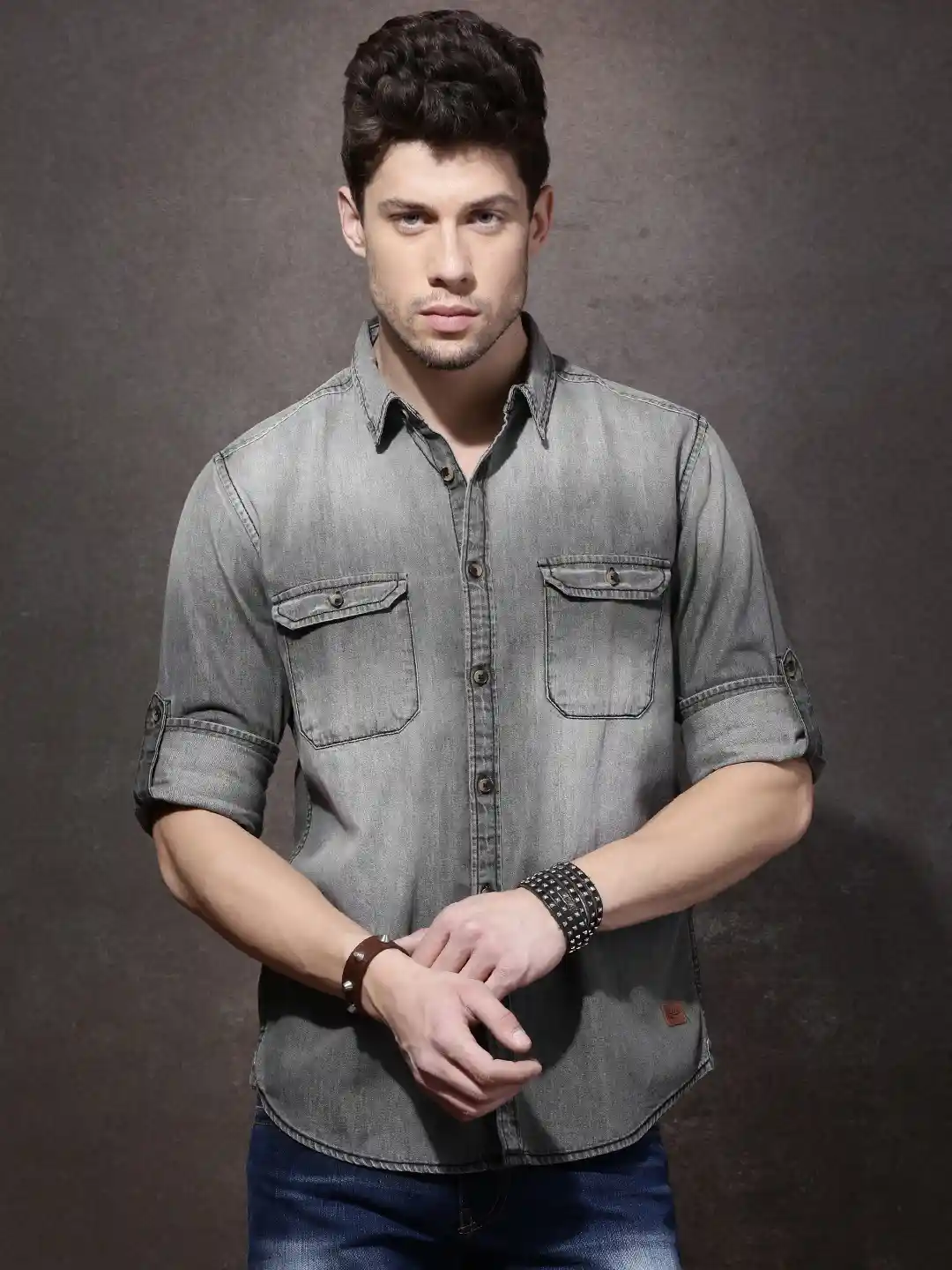 Buy Roadster Men Grey Regular Fit Faded Denim Shirt Shirts for