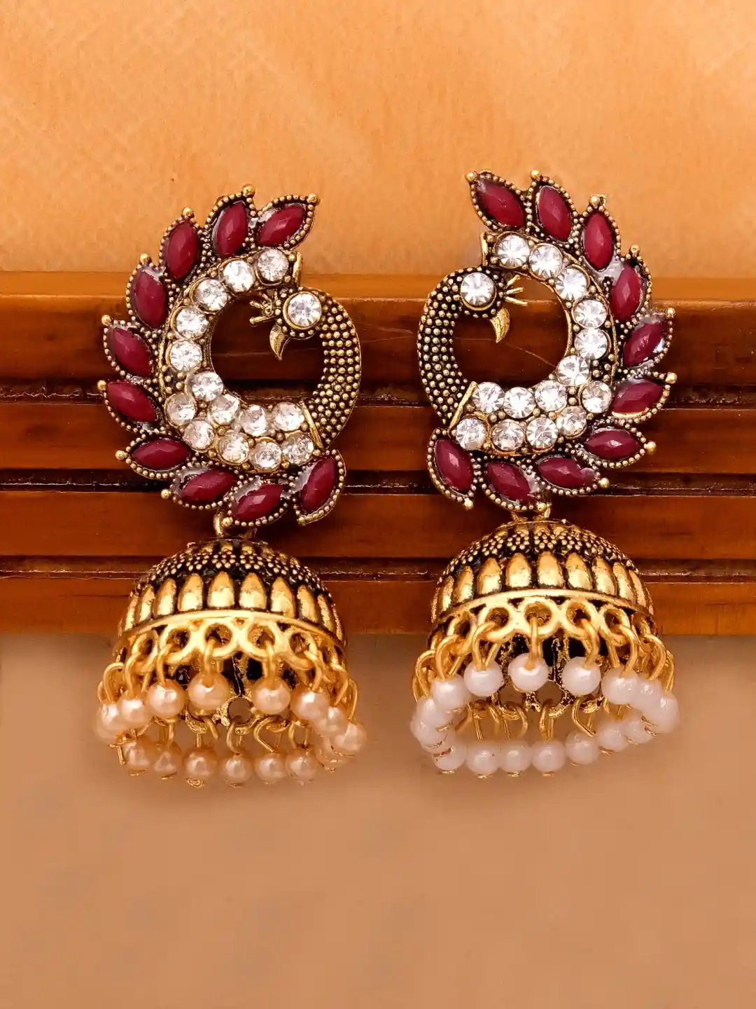 Crunchy Fashion Gold-Toned Red Stone Studded Contemporary Jhumkas Earrings