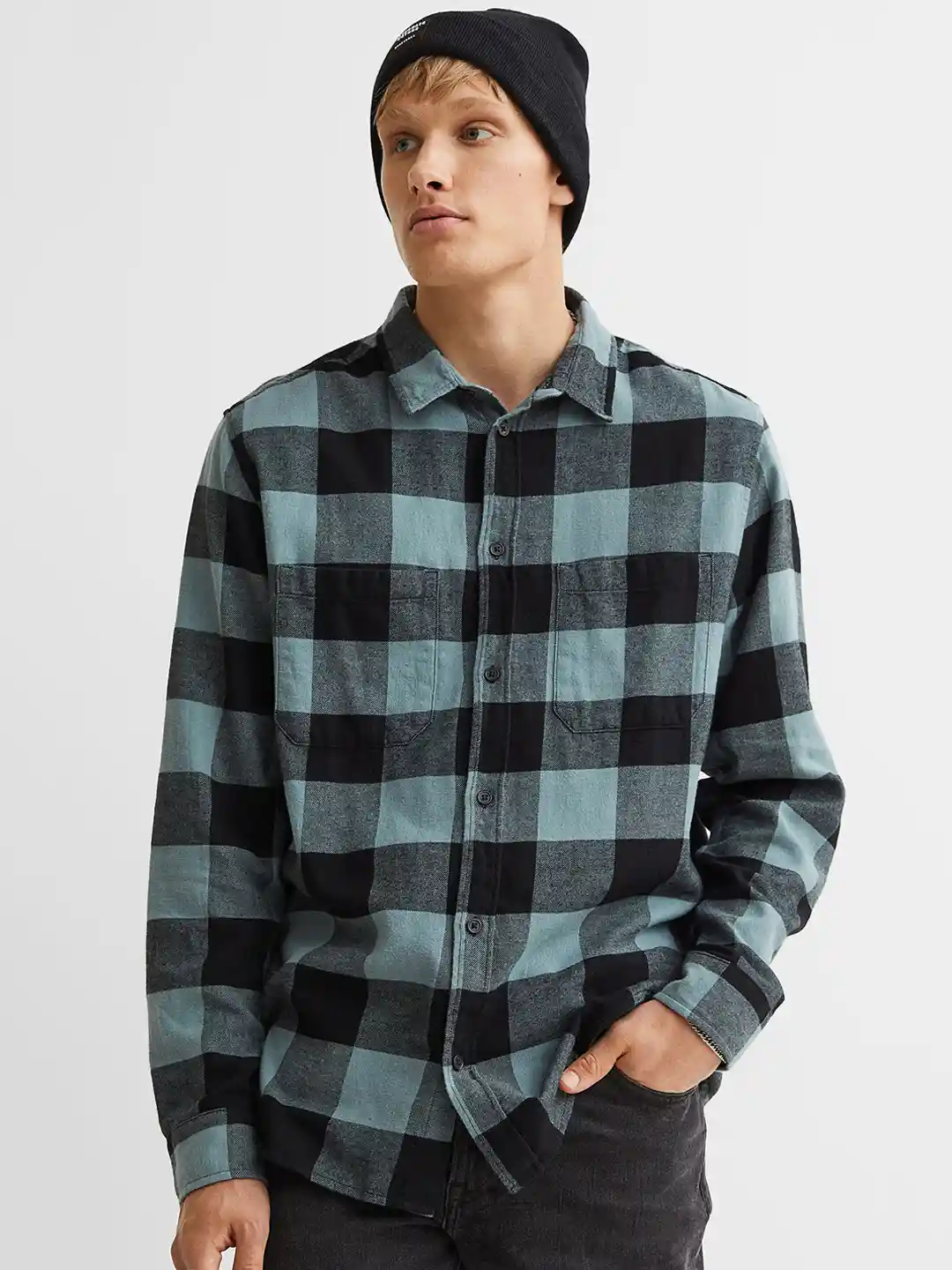 Buy H&M Men Blue Black Buffalo Check Regular Fit Cotton Flannel