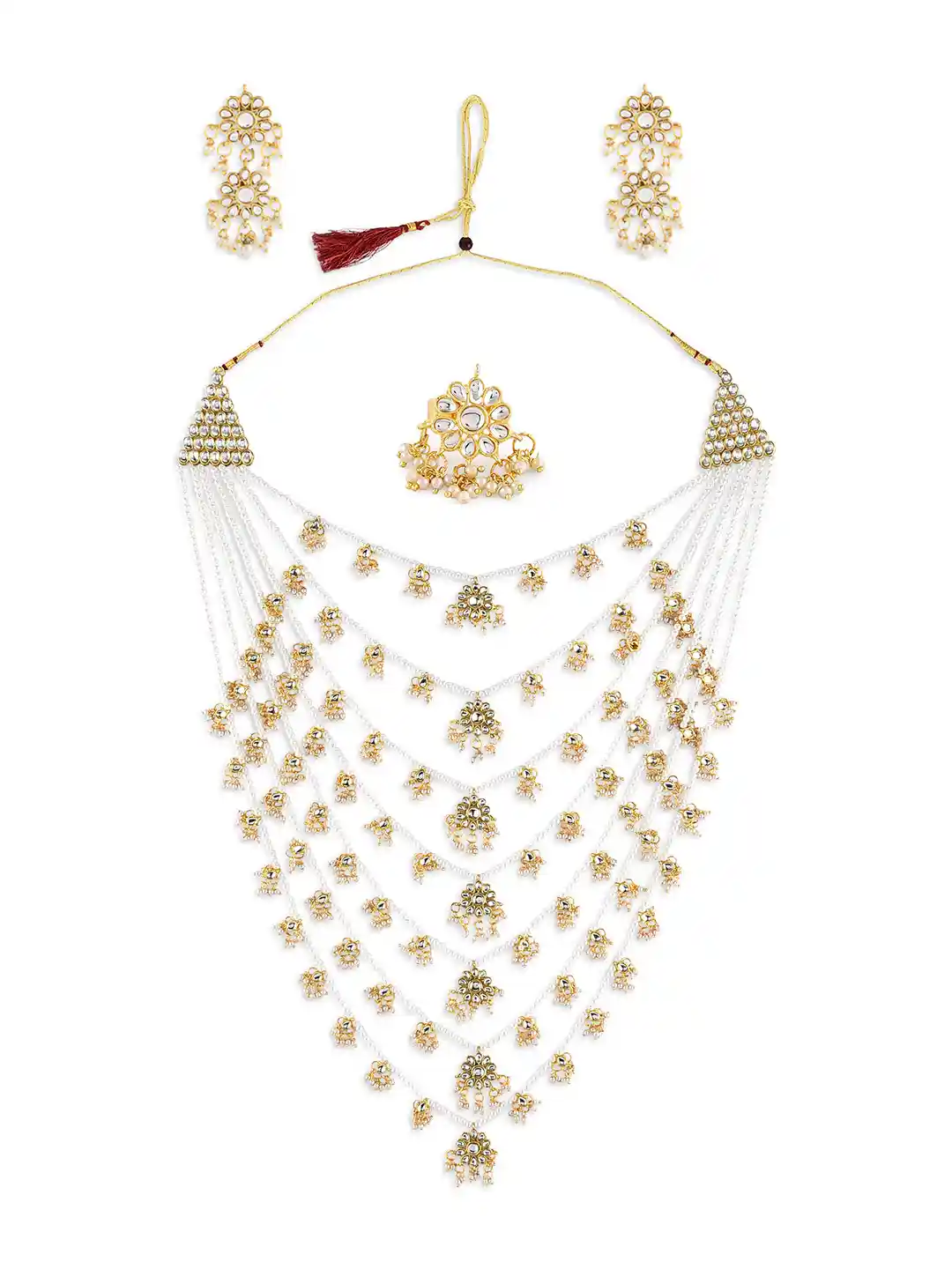 Zaveri Pearls Gold-Plated White Kundan-Studded Pearl Beaded Jewellery Set