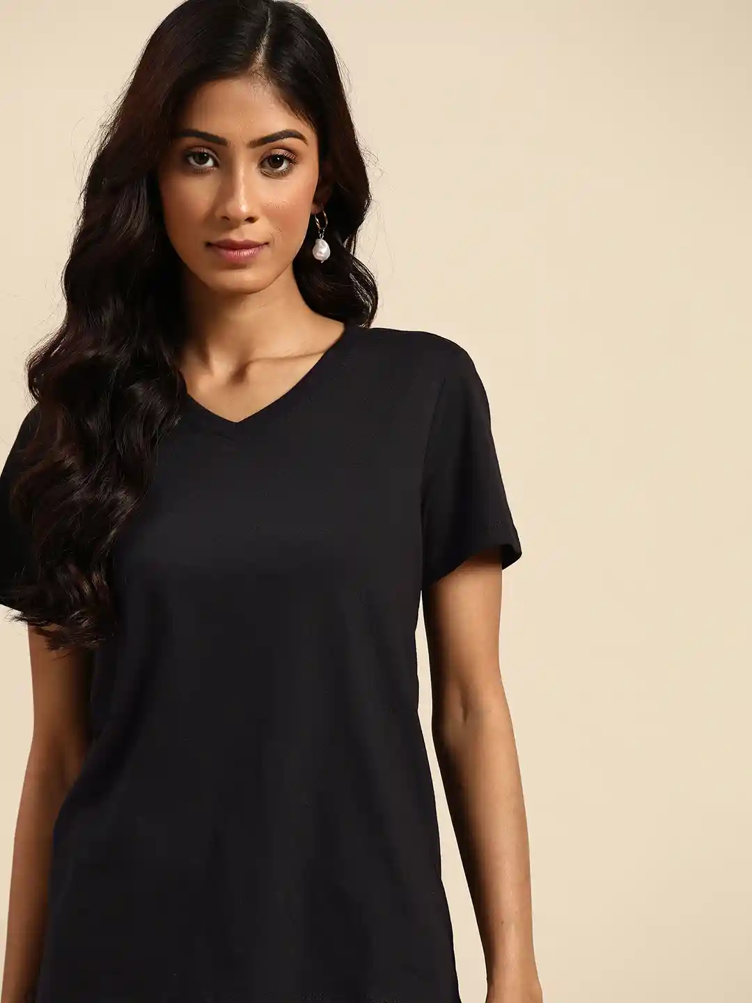 Buy all about you Women Black Solid V-Neck T-shirt Tshirts for